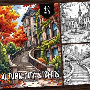 Op de afbeelding: Een kleurboek met 40 pagina's met illustraties van stadsstraten in de herfst. De omslag toont een kleurrijke illustratie van een bakstenen gebouw met een trap die er naartoe leidt. Het gebouw is omringd door bomen met rode, oranje en gele bladeren. De titel van het boek is "Autumn City Streets" en de hashtag #DIGITALPENCILCOLORING staat onder de titel.