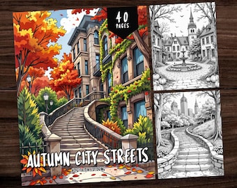40 Autumn City Streets Coloring Book, Grayscale Coloring Pages, Coloring Sheets, Landscape Coloring Pages, Autumn Coloring Pages For Adults