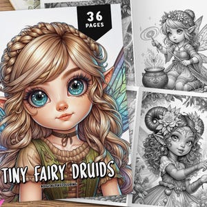 Puede incluir: Una portada de libro para colorear con una ilustración caprichosa de un hada con ojos grandes y un ala de hada verde y azul. El libro se titula "Tiny Fairy Druids" con el hashtag "#DigitalPikeColoring". La portada también incluye el texto "36 Páginas".