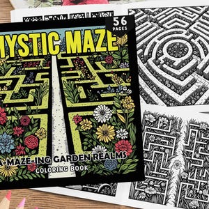 May include: A coloring book titled "Mystic Maze: A-Maze-ing Garden Realms" with 56 pages. The cover features a maze design with a path through a garden with flowers and plants. The book is black with yellow, green, and red accents.