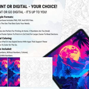 May include: An advertisement for digital art prints. The text states "PRINT OR DIGITAL - YOUR CHOICE!" and "PRINT OR GO DIGITAL - IT'S UP TO YOU!". The image features a tablet displaying a vibrant landscape painting with mountains, a moon, and palm trees. Examples of the art are shown in different formats.