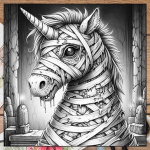 May include: A black and white drawing of a mummified unicorn with a dripping, decaying face. The unicorn is wrapped in bandages and has a single horn. The background is a dark, shadowy room with candles.