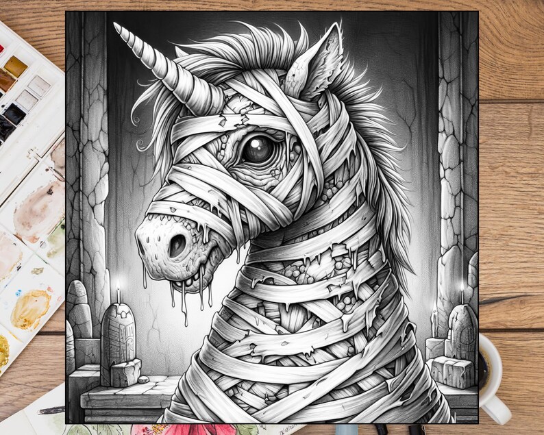 May include: A black and white drawing of a mummified unicorn with a dripping, decaying face. The unicorn is wrapped in bandages and has a single horn. The background is a dark, shadowy room with candles.