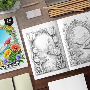 May include: A digital coloring book titled "Mirror Realms" with 30 pages. The cover features a colorful illustration of a framed landscape with flowers and a mountain range. The book is open to reveal two black and white illustrations of ornate frames with landscapes inside.