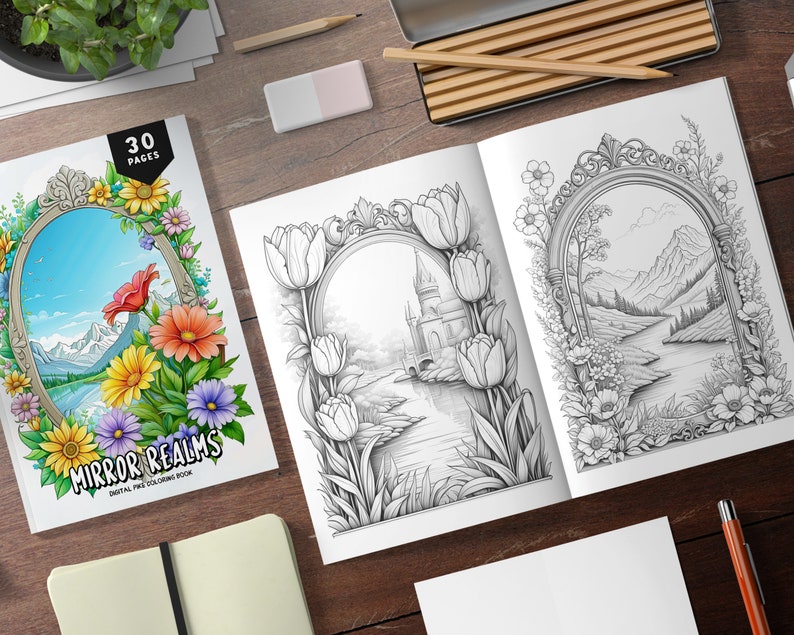 May include: A digital coloring book titled "Mirror Realms" with 30 pages. The cover features a colorful illustration of a framed landscape with flowers and a mountain range. The book is open to reveal two black and white illustrations of ornate frames with landscapes inside.
