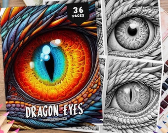 36 Dragon Eyes Coloring Pages, Grayscale Coloring, Coloring Sheets, Dragons Coloring, Fantasy Coloring Book, Relaxation Coloring