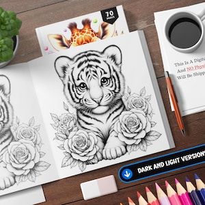 K&ouml;nnte beinhalten: Eine Schwarzwei&szlig;-Malvorlage mit einem niedlichen Tigerjungtier, das von Rosen umgeben ist. Die Seite ist Teil eines gr&ouml;&szlig;eren Malbuches mit 70 Seiten. Der Text "This Is A Digital Product, And NO Physical Item Will Be Shipped To You." ist auf der Seite sichtbar. Der Text "DARK AND LIGHT VERSIONS" ist ebenfalls auf der Seite sichtbar.