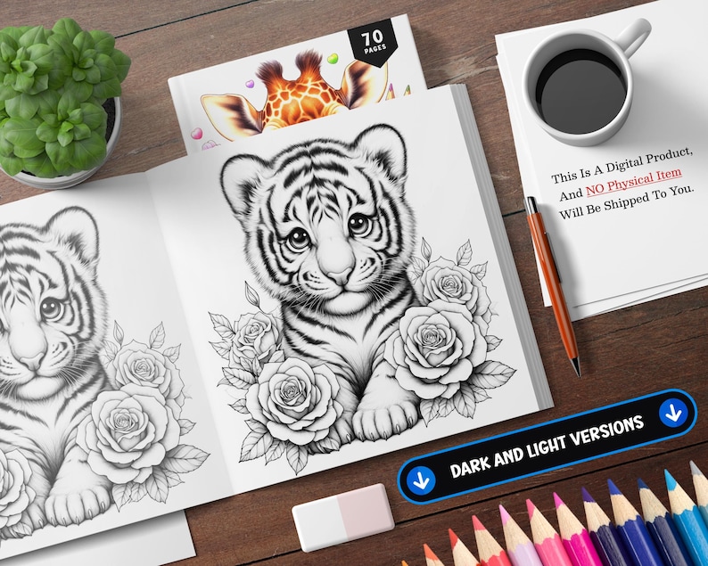 K&ouml;nnte beinhalten: Eine Schwarzwei&szlig;-Malvorlage mit einem niedlichen Tigerjungtier, das von Rosen umgeben ist. Die Seite ist Teil eines gr&ouml;&szlig;eren Malbuches mit 70 Seiten. Der Text "This Is A Digital Product, And NO Physical Item Will Be Shipped To You." ist auf der Seite sichtbar. Der Text "DARK AND LIGHT VERSIONS" ist ebenfalls auf der Seite sichtbar.