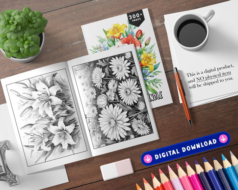 May include: A digital download of a coloring book with over 300 pages of floral designs. The cover features a watercolor illustration of a bouquet of flowers in shades of yellow, red, and pink. The inside pages feature black and white line drawings of lilies and daisies.