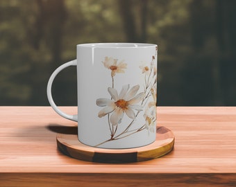 Dried white flowers mug, Vintage Botanical Tea Cup, Pastel Floral Nature Mug, Flower Garden Lover Gift, Mom Birthday Gift, unisex mug