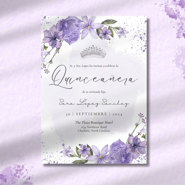 Purple Quinceañera Invitation Template | invitación de quinceañera violeta morada | Mis quince