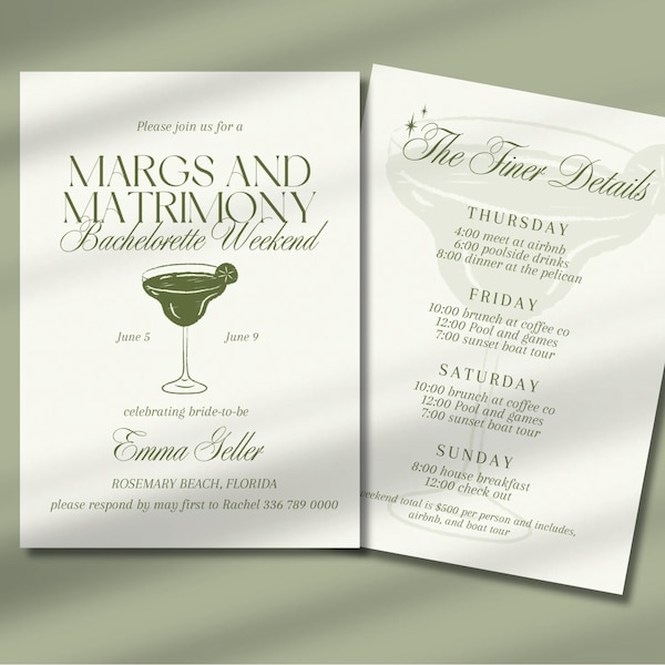 Margs and Matrimony Bachelorette Invite and Itinerary | Margaritas and Matrimony Invite and Itinerary