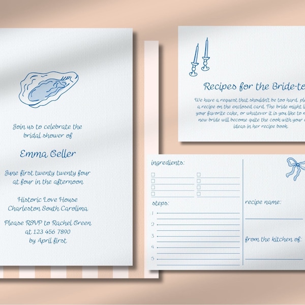 Coastal Bridal Shower Invitation | Recipes for the bride | hand drawn oyster candle sticks bow