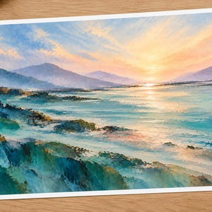 Abstract nature artwork with sweeping blue green forms, pale reflective water, and a peach horizon fading into a softly textured sky.
