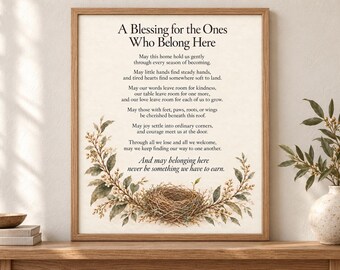 Family Blessing Printable Wall Art, Neutral Botanical Nest Illustration, Original Home Blessing Poem