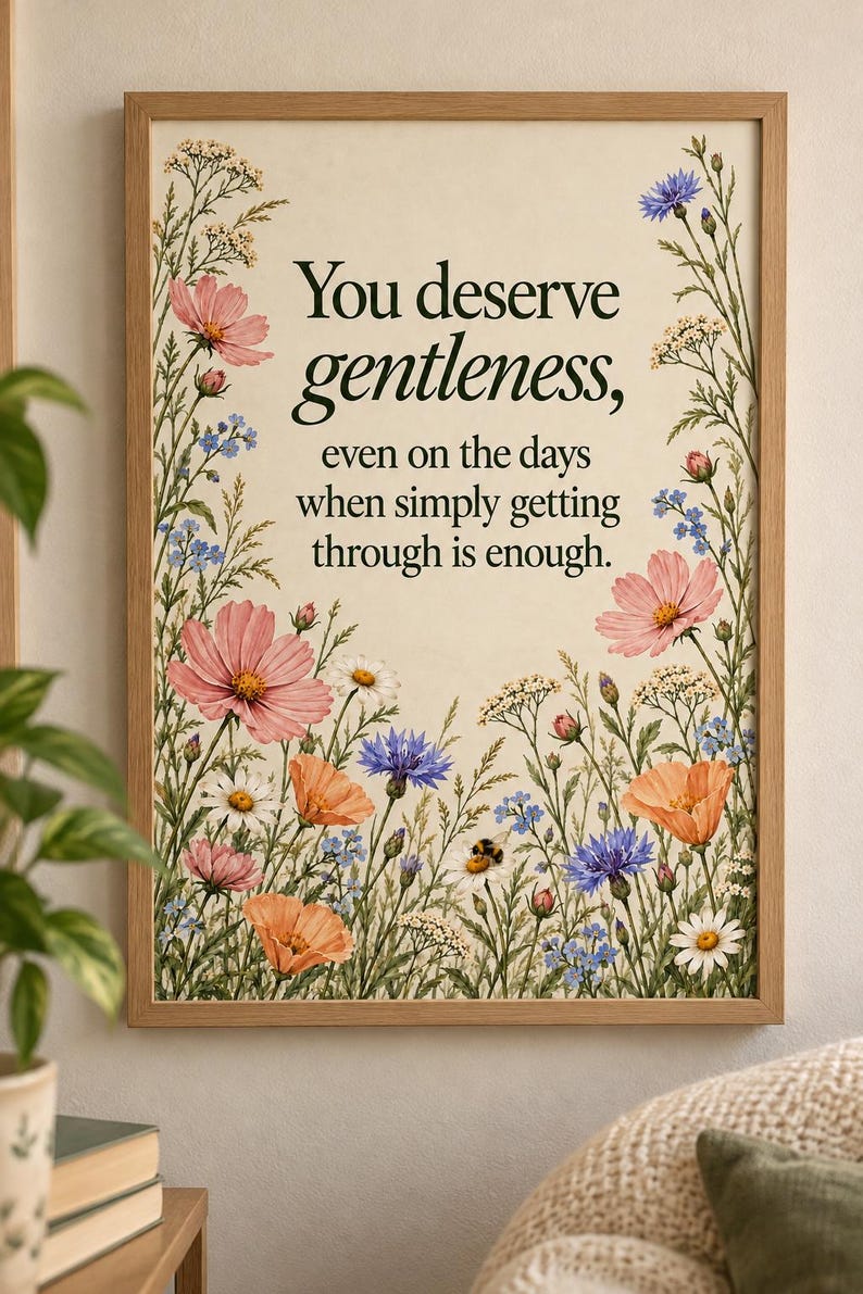 Wildflower affirmation print in a light wood frame on a cream wall beside a reading chair. Pink cosmos, white daisies, purple cornflowers, and blue forget-me-nots surround a centered quote about deserving gentleness.