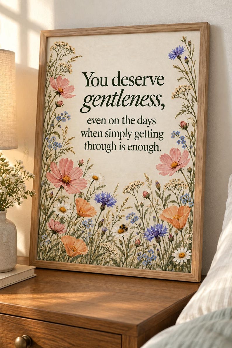 Wildflower quote print with forest-green lettering reading “You deserve gentleness, even on the days when simply getting through is enough.” Pink, peach, purple, blue, and white flowers border an ivory background, with a small bumblebee resting on a daisy.