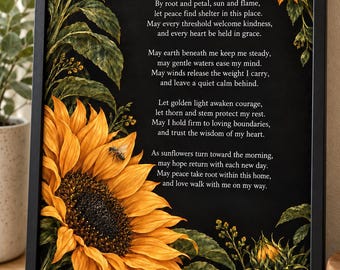 Sunflower Witch Prayer Print, Protection Peace Blessing, Bee Moon Botanical Art (Digital Download)
