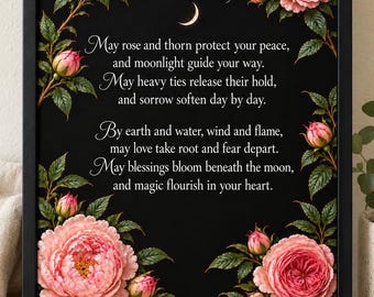 Witchy Blessing Print, Pink Peonies, Crescent Moon, Gothic Botanical (Digital Download)