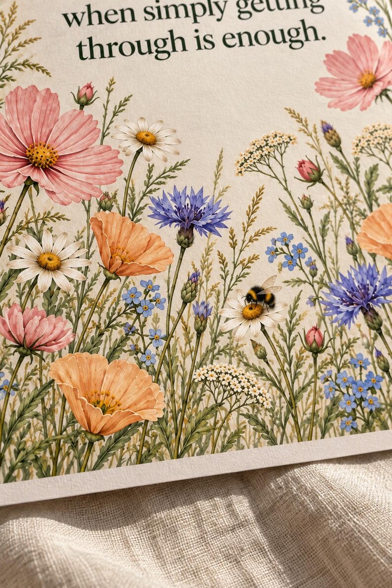 Close-up of the print’s floral details on textured ivory paper, showing peach poppies, pink cosmos, purple cornflowers, blue forget-me-nots, and a small bumblebee resting on a white daisy.