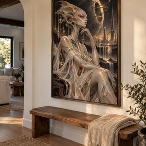 May include: A framed wall art print featuring a surreal, ethereal figure with elongated features and translucent, web-like garments. The background depicts a dark, cosmic landscape with a large cratered moon, distant spires, and flowing waterfalls.
