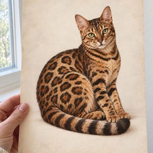Mockup of a hand holding an unframed Bengal cat art print beside a window, showing the full seated cat and curled tail in natural daylight.