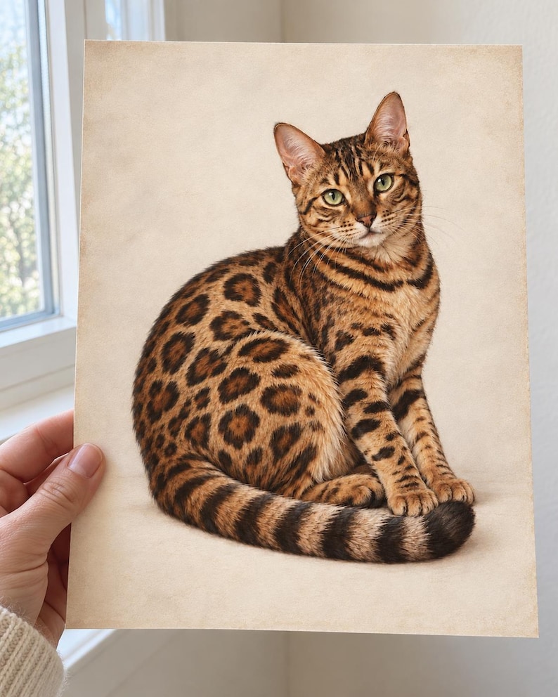 Mockup of a hand holding an unframed Bengal cat art print beside a window, showing the full seated cat and curled tail in natural daylight.