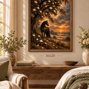 Southern Gothic horse wall art featuring a black horse beneath magnolia flowers displayed in a 16x20 frame.