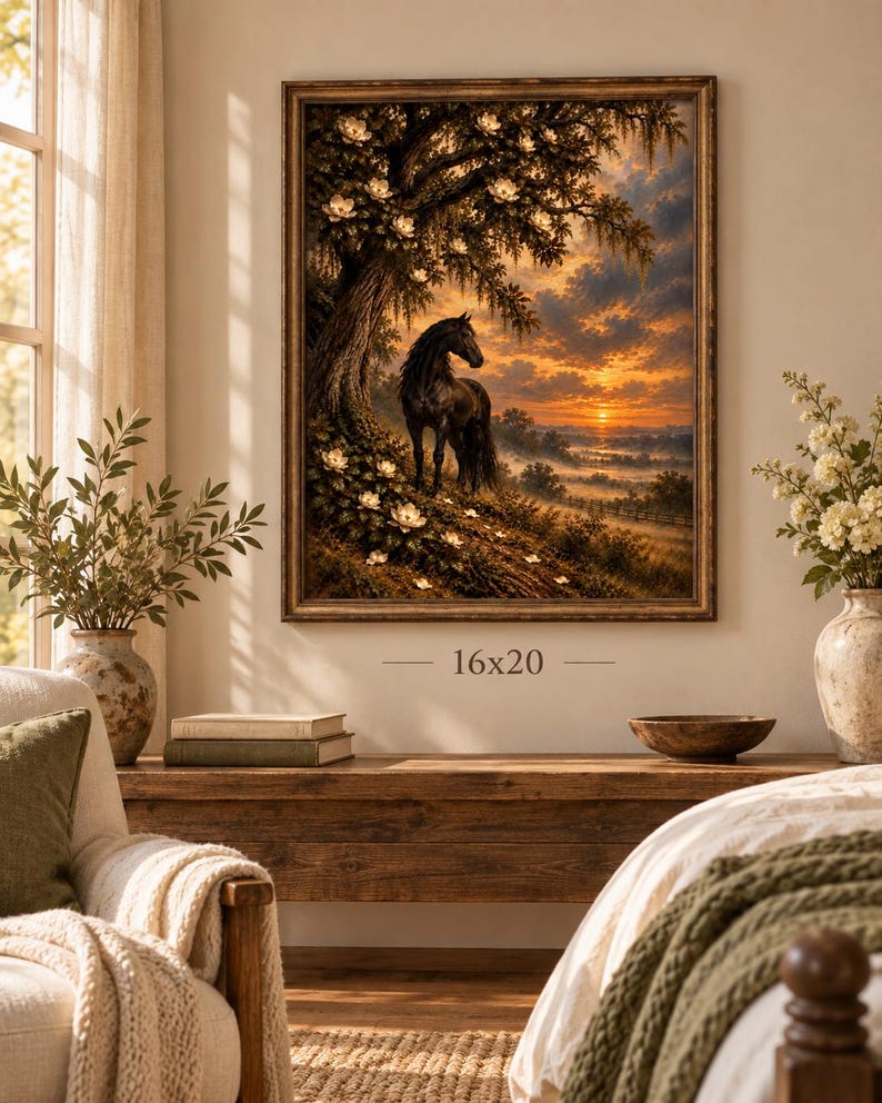 Southern Gothic horse wall art featuring a black horse beneath magnolia flowers displayed in a 16x20 frame.
