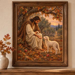May include: A framed wall art print depicting a bearded figure in a tan robe sitting under an autumn tree, reaching out to a small white lamb. The scene is set in a forest with fallen orange leaves, red apples, and a sunset landscape background.