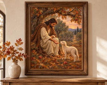 Christian Fall Wall Art, Jesus and Lamb in Autumn Orchard, Good Shepherd (Digital Download)