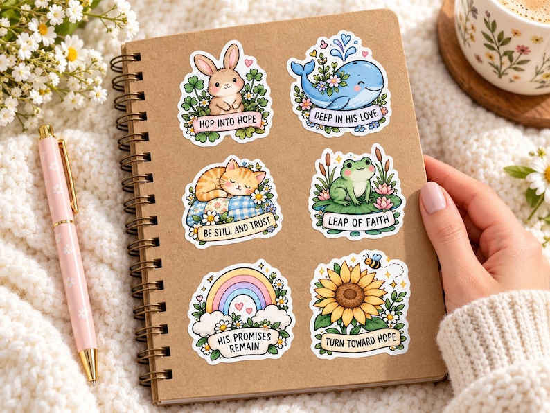 Decorated notebook
Kraft spiral notebook decorated with pastel bunny, whale, kitten, frog, rainbow, and sunflower faith stickers, beside a pink pen, daisies, and coffee.