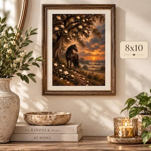 Black horse and magnolia wall art displayed in an 8x10 vintage frame with warm neutral decor and greenery.