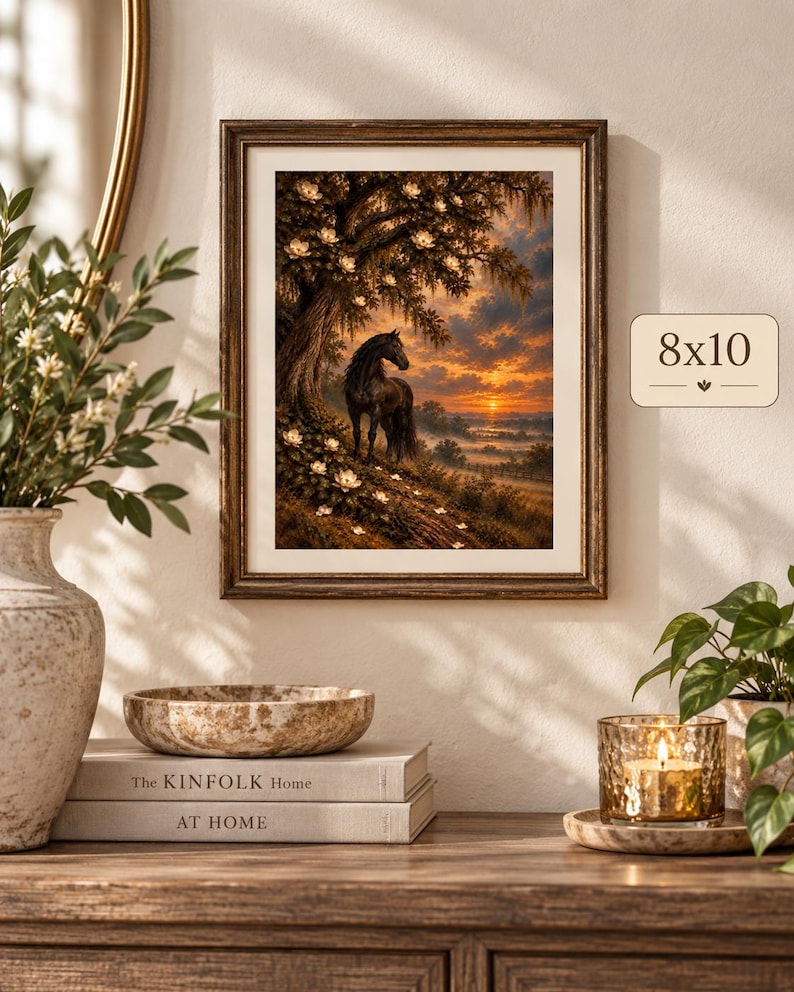 Black horse and magnolia wall art displayed in an 8x10 vintage frame with warm neutral decor and greenery.