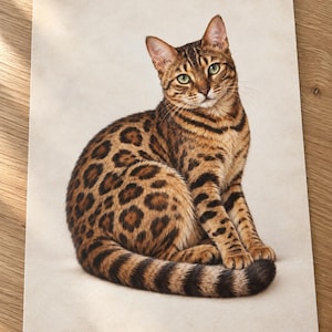 Mockup of an unframed Bengal cat art print on a light wood table, showing a golden spotted cat with green eyes and a curled tail against an ivory background.