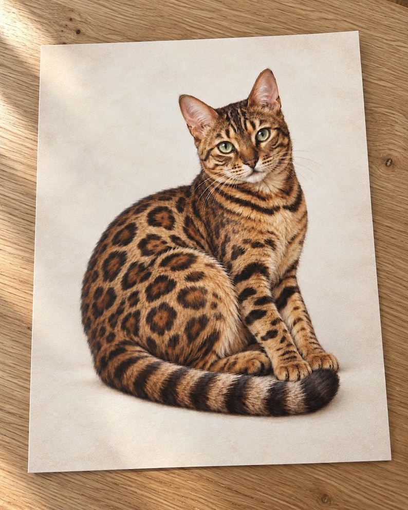 Mockup of an unframed Bengal cat art print on a light wood table, showing a golden spotted cat with green eyes and a curled tail against an ivory background.