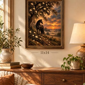 Moody black horse painting with magnolia blossoms and sunset displayed in an 11x14 framed wall art mockup.