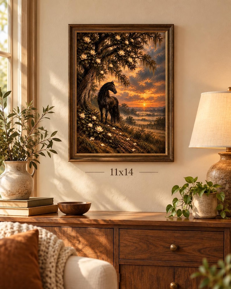 Moody black horse painting with magnolia blossoms and sunset displayed in an 11x14 framed wall art mockup.