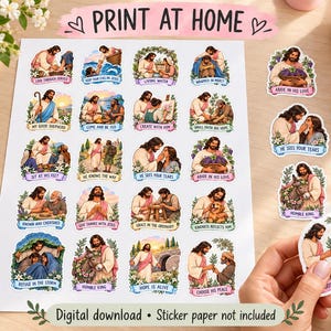 Print-at-home craft scene
Sheet of 20 Jesus-themed Christian sticker designs beside scissors and cut-out stickers. Text reads “Print at Home” and “Digital download • Sticker paper not included.”