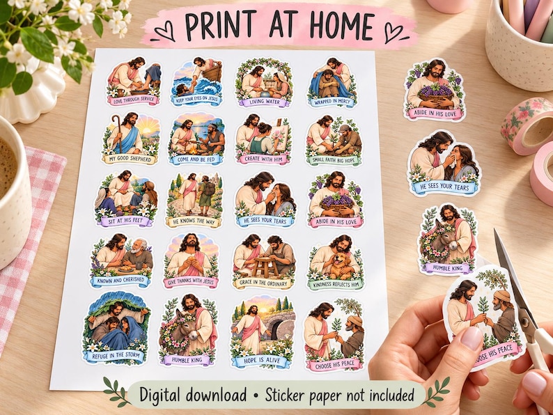 Print-at-home craft scene
Sheet of 20 Jesus-themed Christian sticker designs beside scissors and cut-out stickers. Text reads “Print at Home” and “Digital download • Sticker paper not included.”