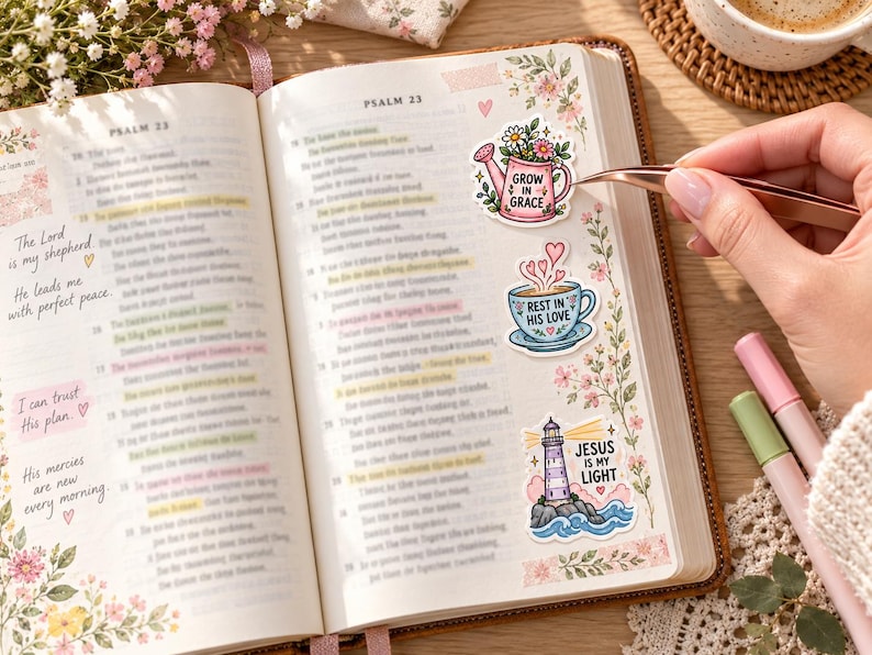 Bible journaling
Open Bible decorated with pastel Christian stickers featuring a watering can, teacup, and lighthouse. A hand places the “Grow in Grace” sticker with tweezers.