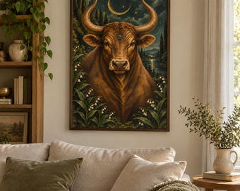 Taurus Bull Wall Art, Celestial Lily of the Valley, Oil Painting Style (Digital Download)