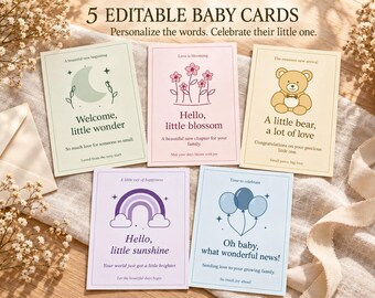 Editable Baby Congratulations Cards, 5 Designs, Personalize Text & Colors (Digital Download)