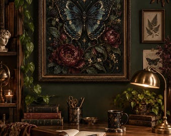 Whimsigoth Butterfly Moon Art, Dark Botanical Gothic Cottagecore Print (Digital Download)