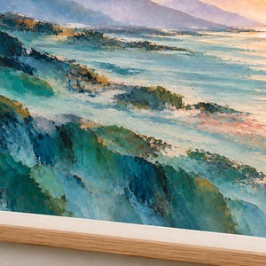 Painterly lake scene with layered teal shorelines, muted coral accents, and warm evening light illuminating distant lavender mountains.
