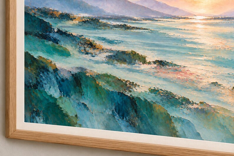 Painterly lake scene with layered teal shorelines, muted coral accents, and warm evening light illuminating distant lavender mountains.