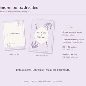 Front and back of the lavender botanical oracle deck, showing plum lettering, gold-toned borders, and the finished card size of 2.5 by 3.5 inches.