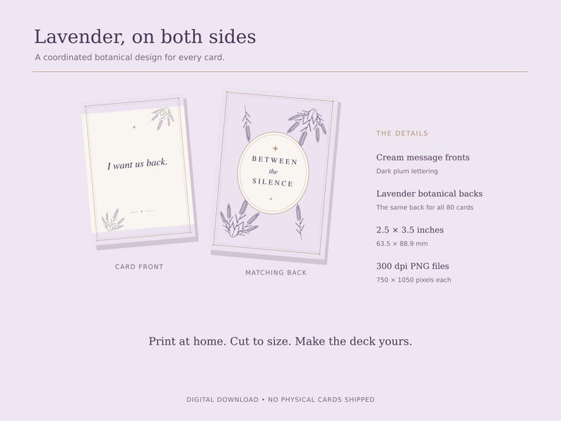 Front and back of the lavender botanical oracle deck, showing plum lettering, gold-toned borders, and the finished card size of 2.5 by 3.5 inches.