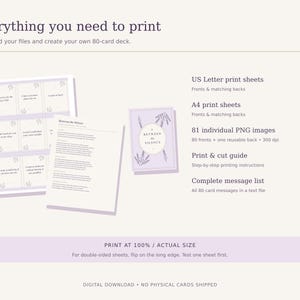 Preview of printable oracle card sheets, printing instructions, and the lavender back. Includes US Letter and A4 PDFs, individual PNGs, a guide, and a message list.