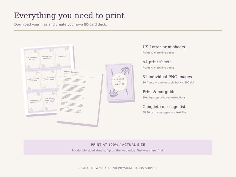 Preview of printable oracle card sheets, printing instructions, and the lavender back. Includes US Letter and A4 PDFs, individual PNGs, a guide, and a message list.